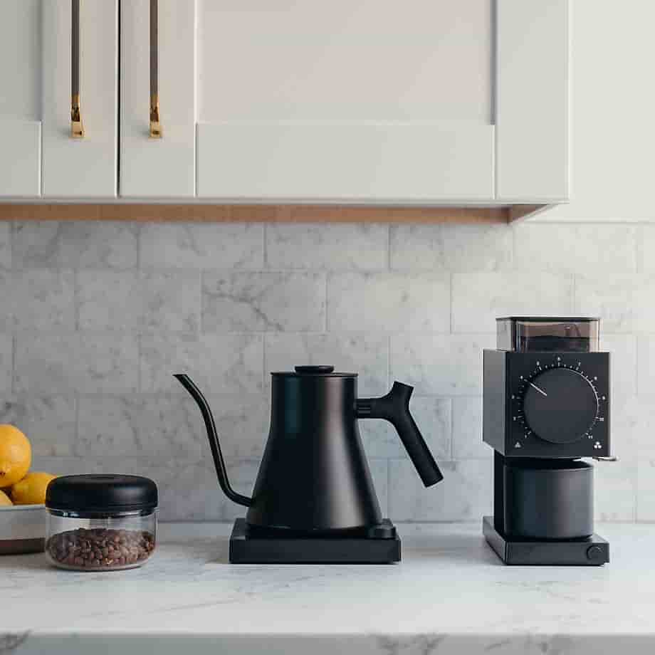 Fellow Stagg Pro Electric Kettle in Hazy Blue with Maple Accents