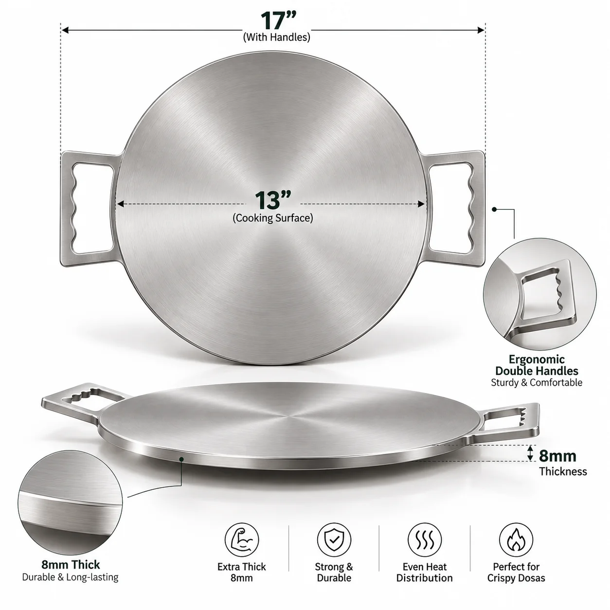 Double Handle 8mm Dosa pan with 13 inch used for home free Spatula(Atlakada) & Ladle(Garite)